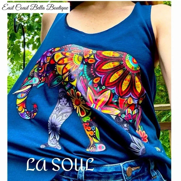 LA SOUL Navy Floral Peaceful Elephant Graphic Tank Top Lightweight Summer Shirt - Picture 6 of 11